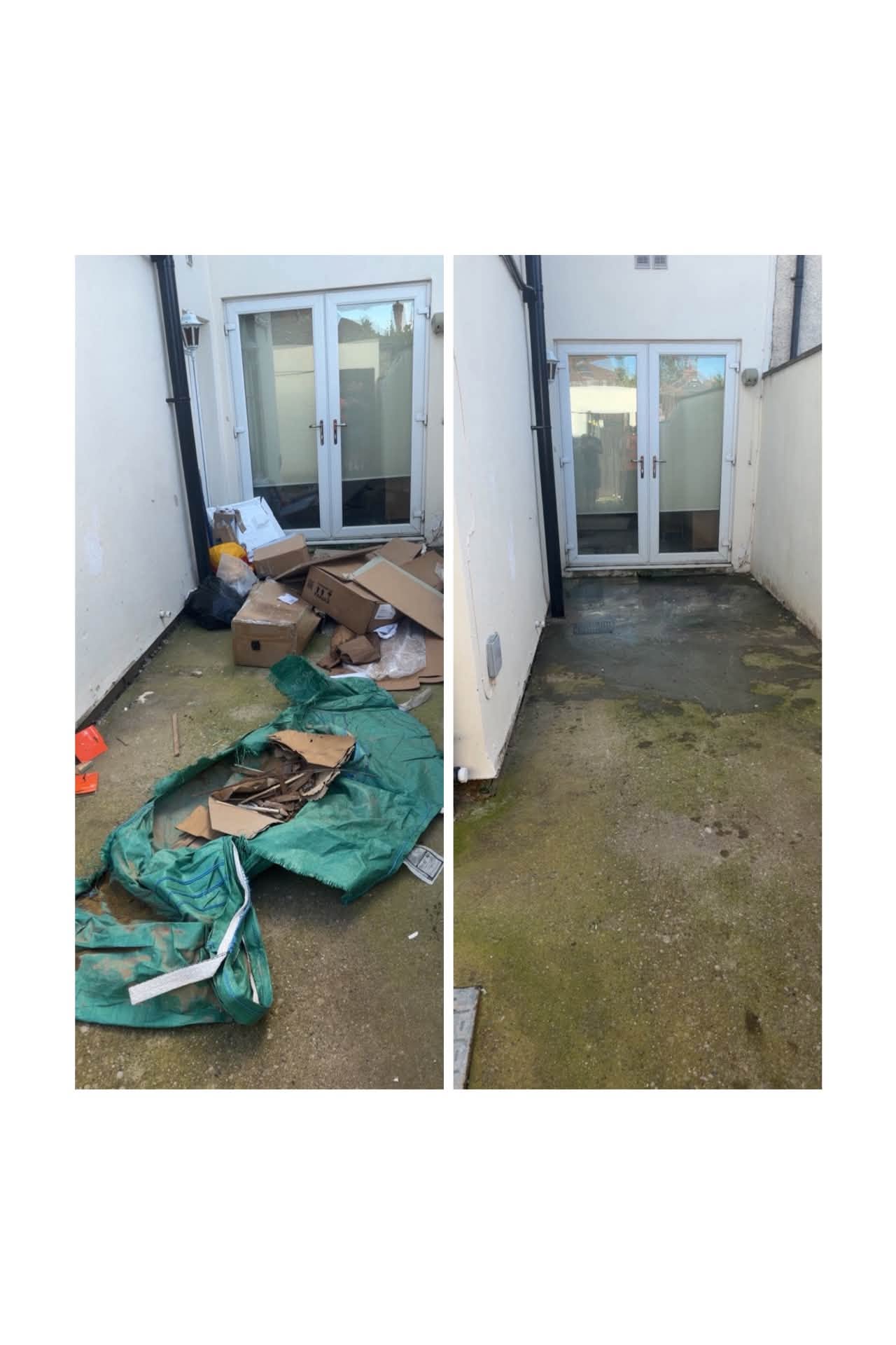 Before and after: bags, cardboard and general rubbish cleared from a paved area outside a house