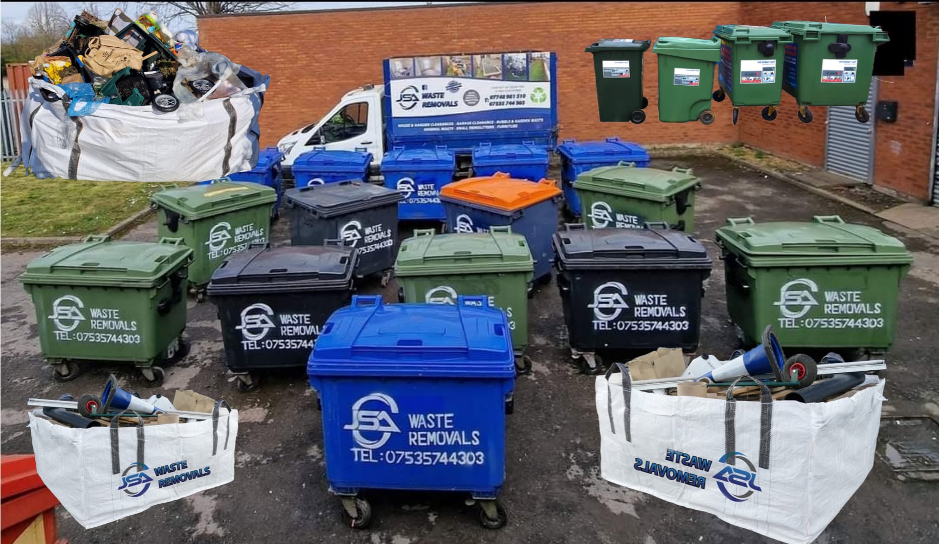 JSA Waste Removals branded collection vehicle, bins and skip bags