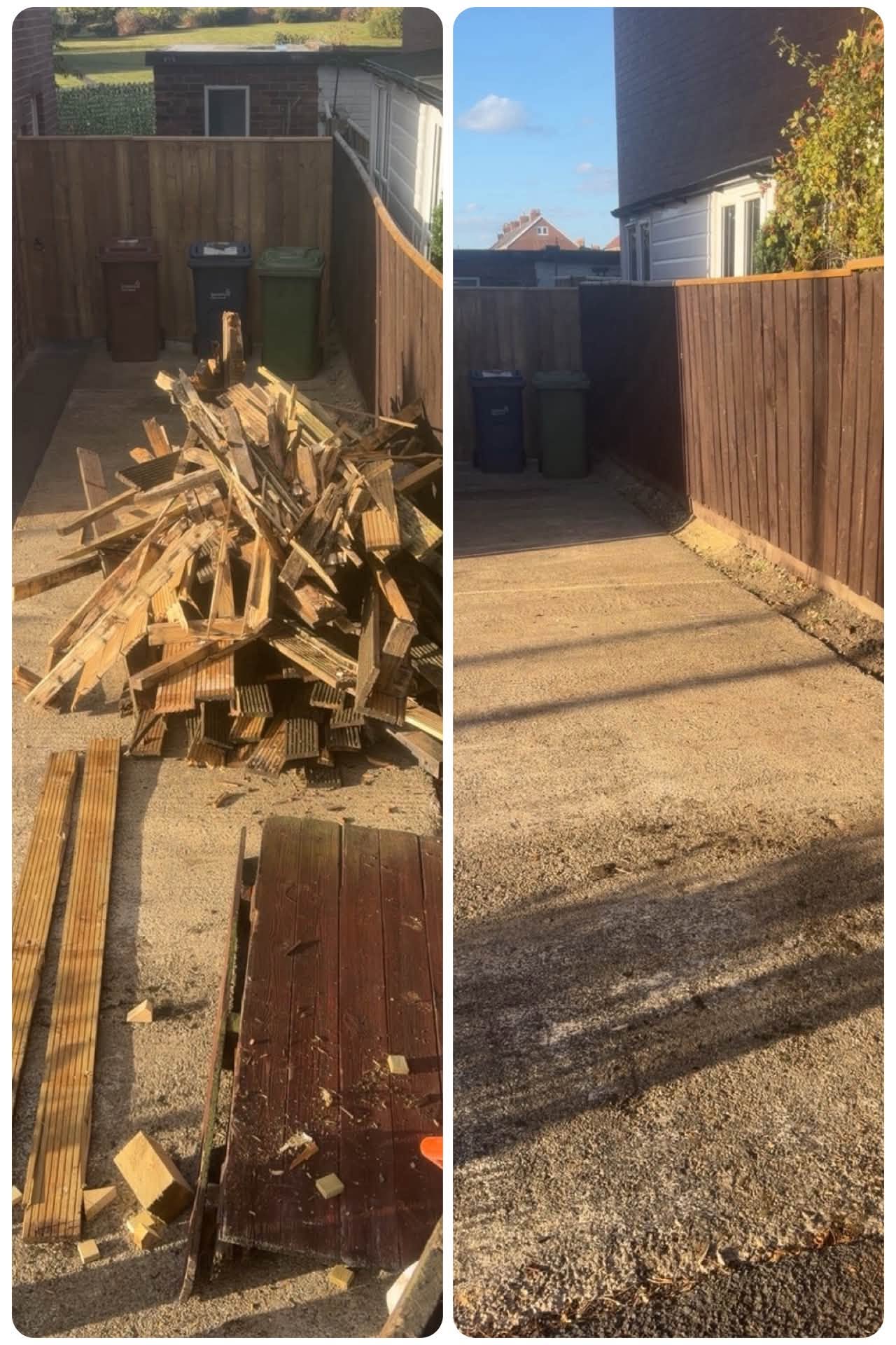 Before and after: a pile of old decking timber removed from a paved garden area